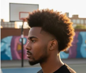 Young Black man with a stylish drop fade afro, showcasing full, textured natural hair on top and a clean fade around the sides, standing on an outdoor basketball court with graffiti in the background at sunset.