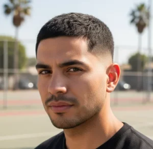 Handsome man with a sleek drop fade buzz cut, featuring very short hair on top and a clean fade around the ears, wearing a black t-shirt on an outdoor tennis court with palm trees in the background.