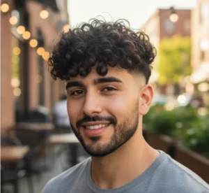 Dapper man in a grey suit and black tie, sporting a classic drop fade comb over with neatly styled dark hair, looking confidently at the viewer in a sophisticated bar or lounge setting.