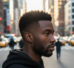 Young Black man sporting a crisp high drop fade with a textured top and precise line-up, seen in profile against a blurred urban street background during golden hour.