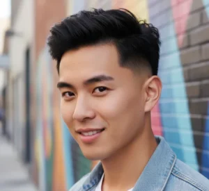 Smiling Asian man showcasing a modern mid drop fade with voluminous, slightly wavy dark hair on top, wearing a denim jacket against a vibrant graffiti wall.