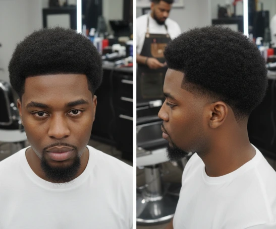 Afro Low Taper Fade hairstyle featuring a clean, tapered fade on the sides and voluminous, textured curls on top for a bold, modern look
