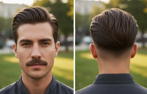 Low taper fade slick back hairstyle with clean sides and voluminous, styled top" These are optimized for SEO while being clear and engaging for readers. Let me know if you'd like any tweaks