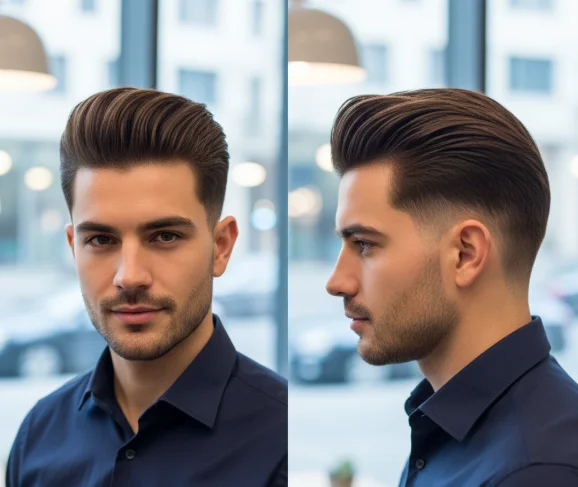 Deatil view of Modern Pompadour and Low Taper Fade hairstyle