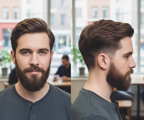 Detail view of Side Swept Short Hair with a Low Taper