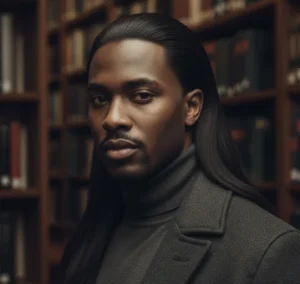 A distinguished Black man with long, straight dark hair elegantly slicked back, featuring a subtle fade on the sides, wearing a dark turtleneck and a charcoal coat, posing in a library setting with bookshelves in the background.