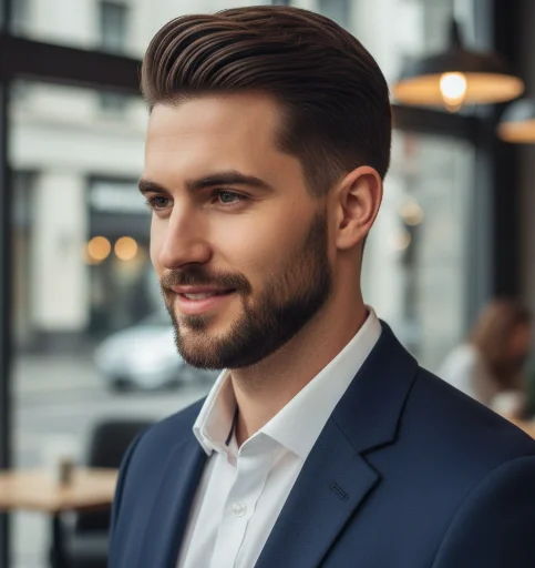 A stylish man with a classic low taper fade comb-over, featuring neat, straight brown hair, a well-groomed beard