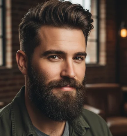 Handsome man with a well-integrated drop fade hairstyle, featuring styled wavy hair on top and a meticulously groomed full beard, looking directly at the viewer in a warm, rustic interior.