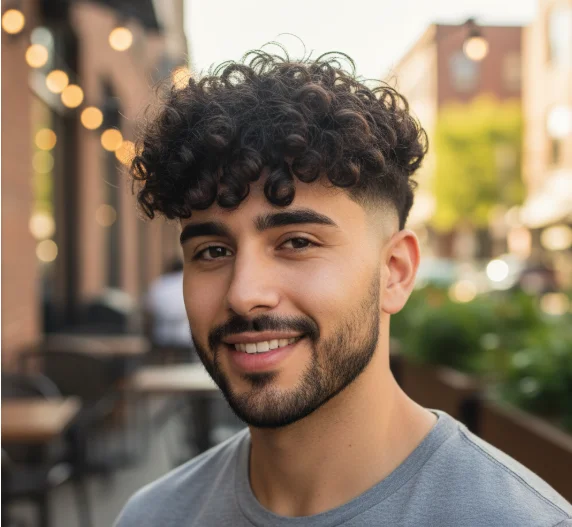 Dapper man in a grey suit and black tie, sporting a classic drop fade comb over with neatly styled dark hair, looking confidently at the viewer in a sophisticated bar or lounge setting.