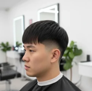  A young Asian man with a trendy low taper fade haircut, featuring a distinct bowl cut style on top with straight dark hair and a clean fade starting just above the ears, viewed from the side in a modern salon.