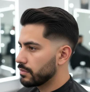  A well-groomed man with a stylish taper fade haircut and a full beard, showcasing a blended transition from shorter sides to longer, swept-back dark hair on top, in a barbershop setting