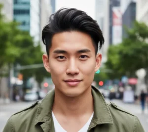 A young Asian man sporting a modern low taper fade with a textured quiff, his straight dark hair styled with volume, wearing an olive green jacket, standing on a city street.